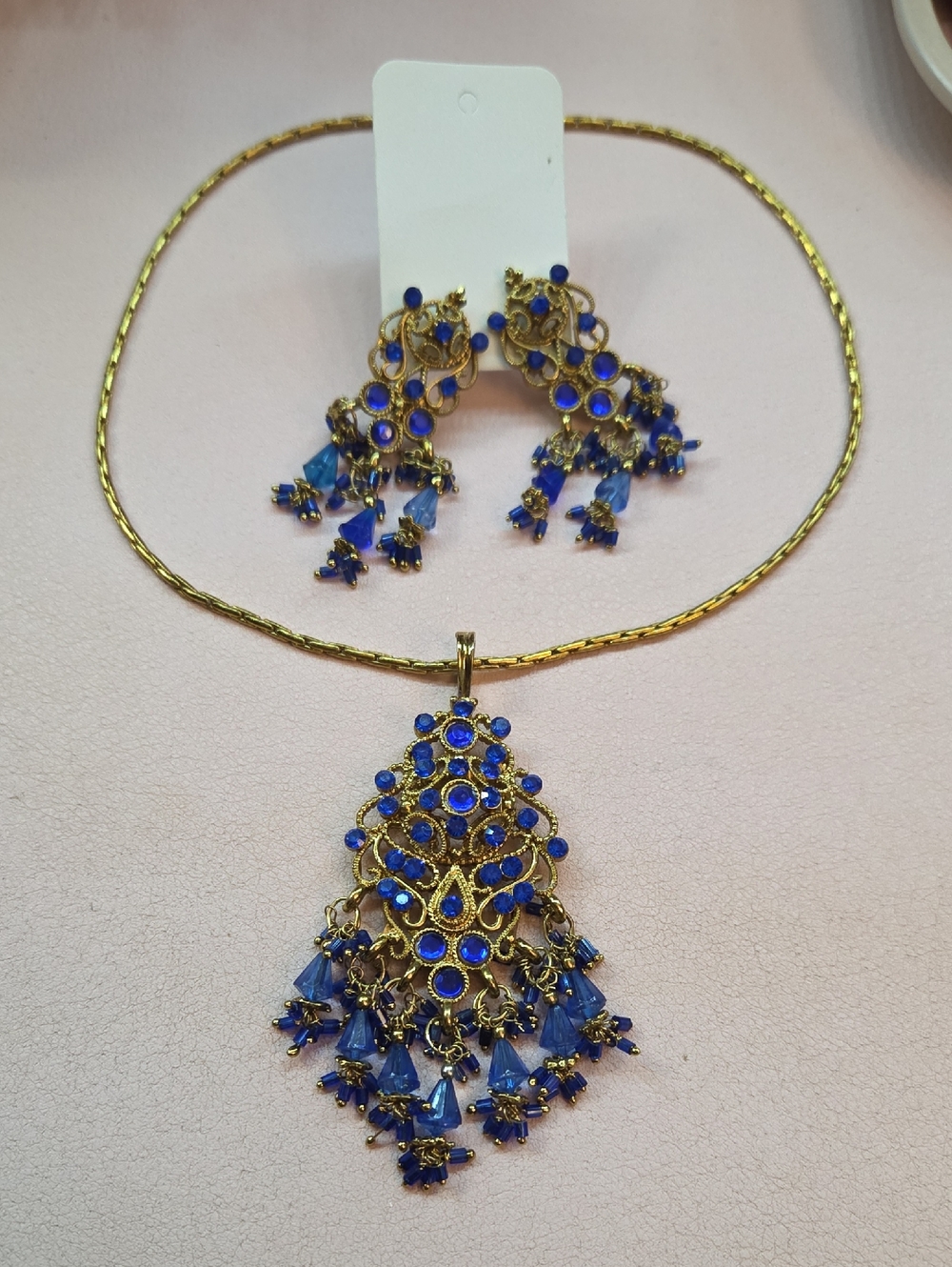 Gold-Plated Necklace & Earring Set with Blue Stone Chandelier Pendant - Thailand